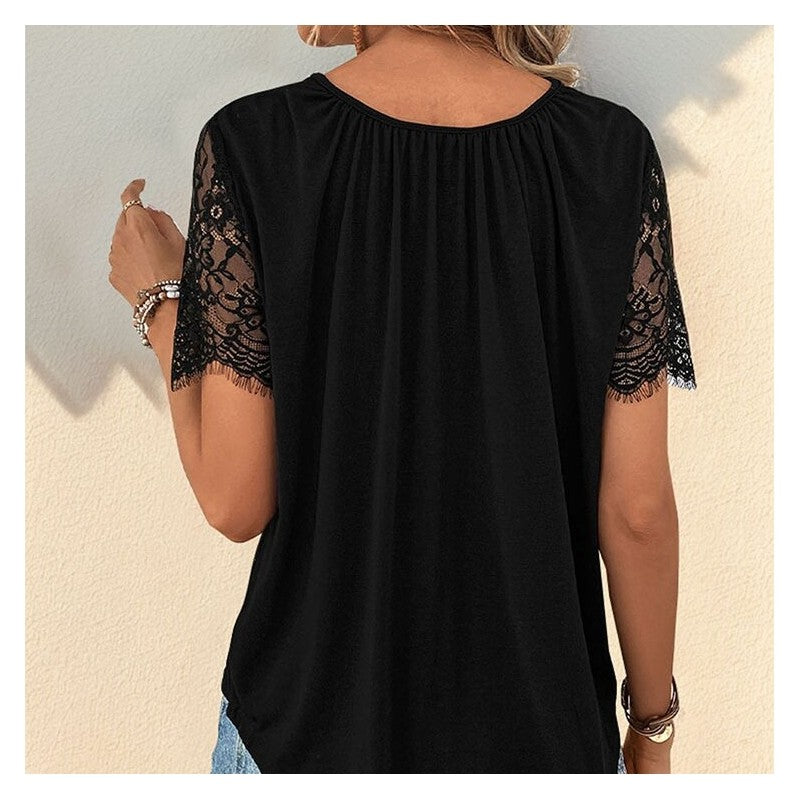 V-Neck Lace Patchwork Casual Short Sleeve Top