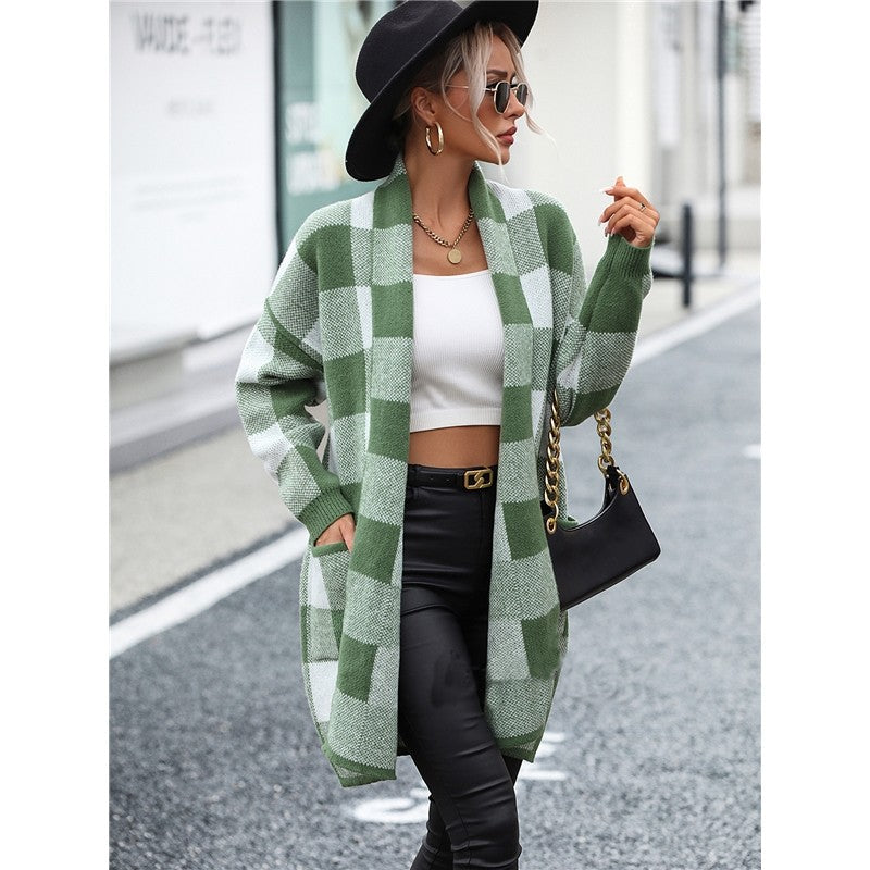 Contrast Color Long Sleeve Plaid Casual Loose Knitted Cardigan