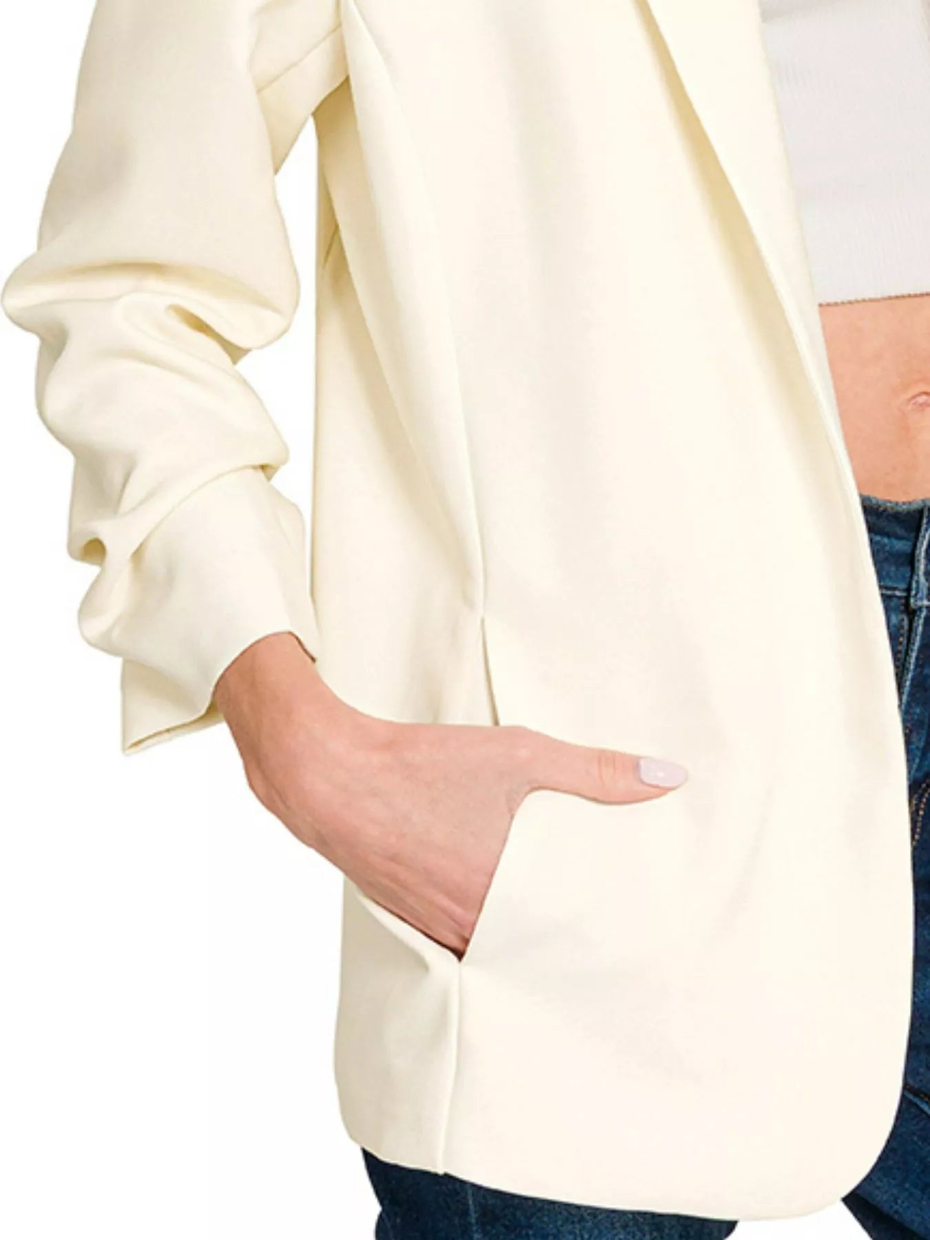 Woven 3/4 Ruched Sleeve Open Front Classic Blazer