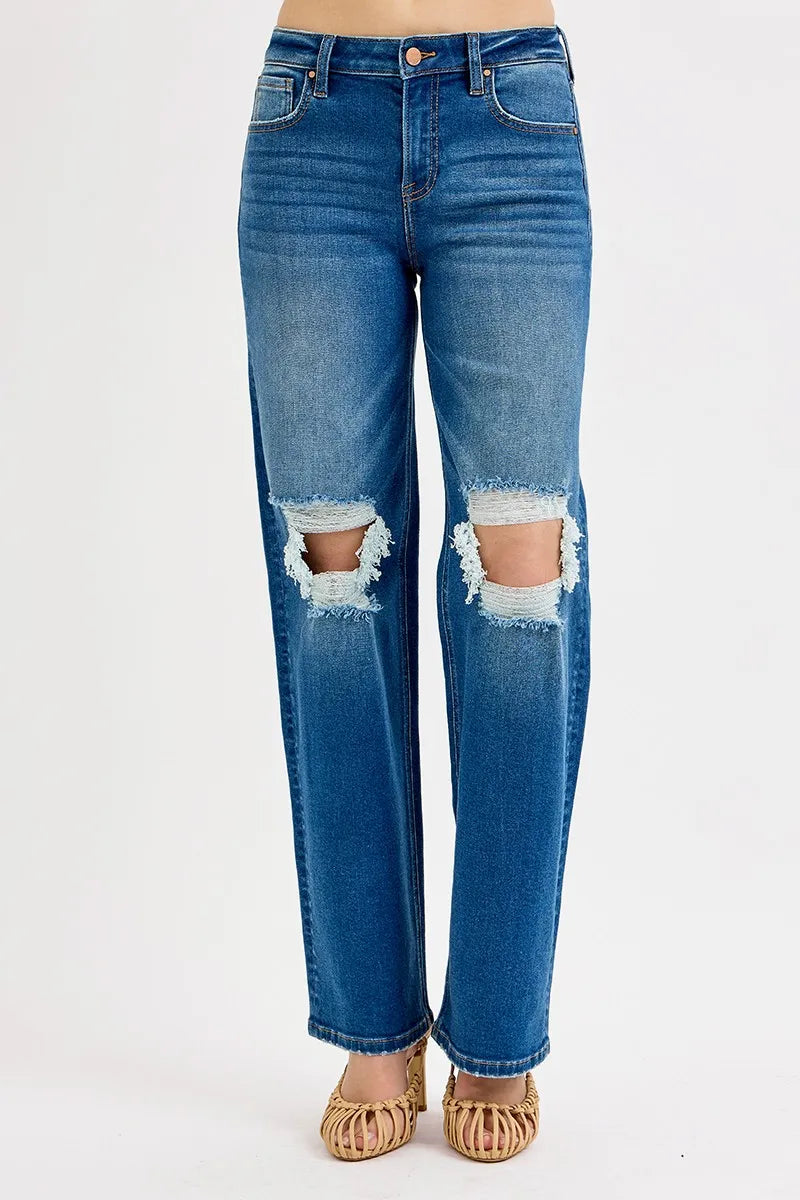Full Size Mid Waist Fit Boyfriend Knee Distressed Jeans Plus Size