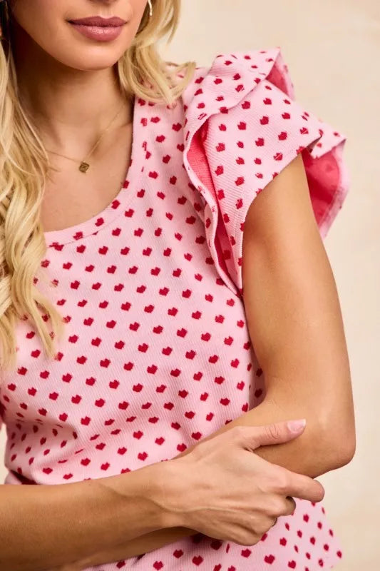Heart Patterned Knit Ruffled Sleeves Top