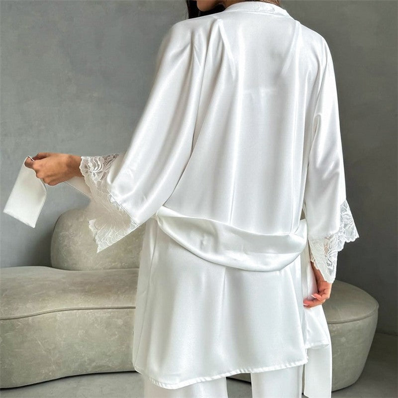 Tie-Waist Lace Robe and Pants Pajama Set