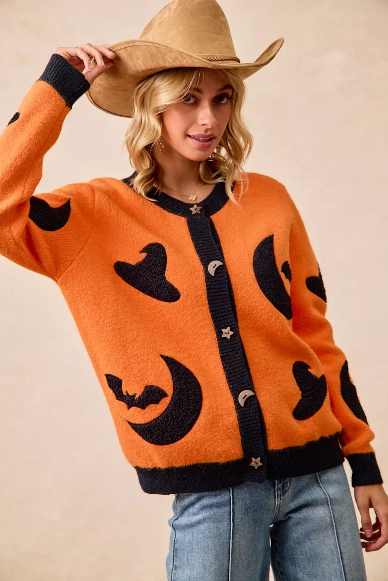 Halloween Witch Hat Moon Bat Artwork Cardigan