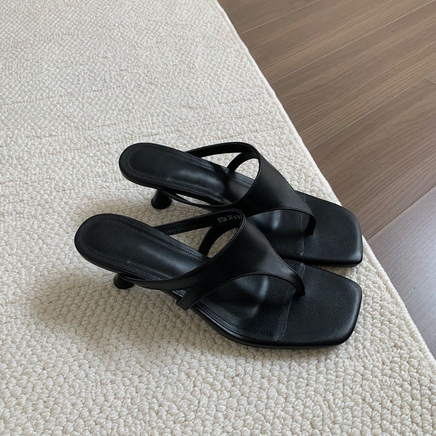 Women's Retro-Chic Square Toe Thong Stiletto Sandals – Buckle Closure Mid Heel