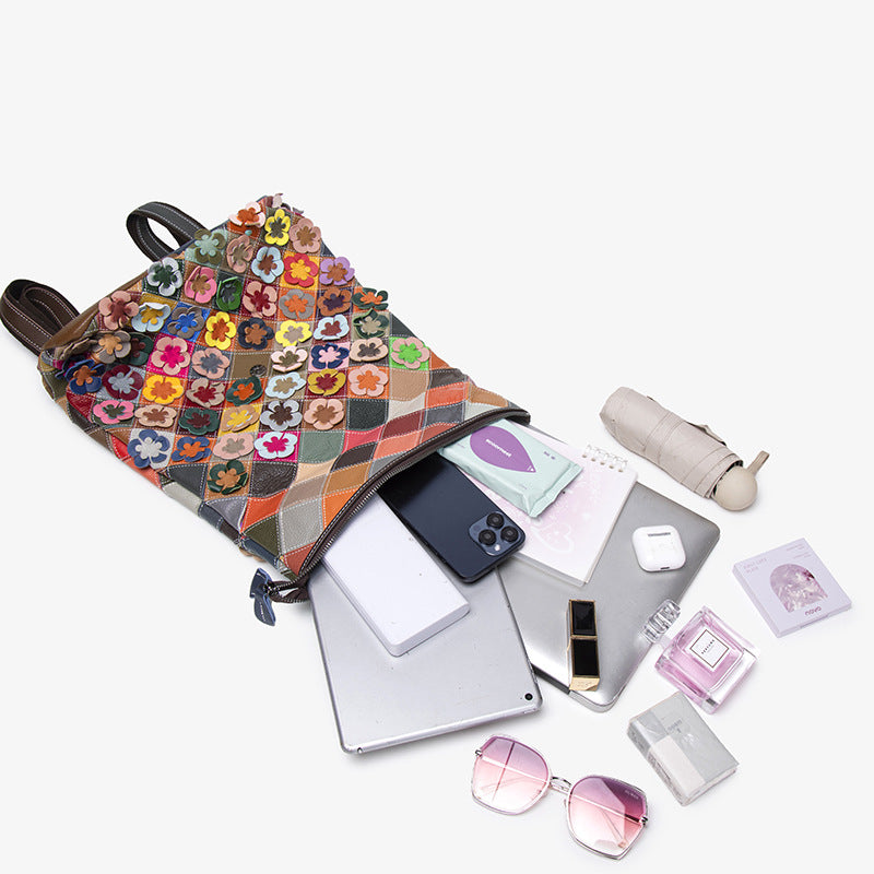 Colorful Plaid Floral Patchwork Genuine Leather Crossbody Bag for Women