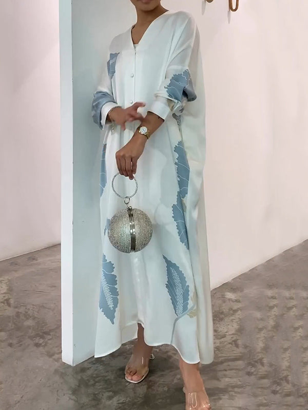 Long Sleeve Buttoned Muslim V-Neck Midi Dress with Contrast Color Flower & Leaves Print