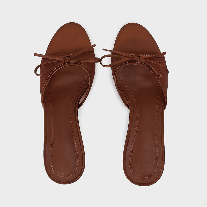 Women's Brown Mesh Bow Sandals - 6cm High Heel Round Toe Slip-On Shoes