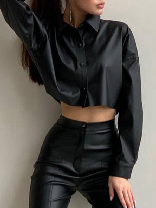 Long Sleeves Loose Buttoned Solid Color Lapel Blouses&Shirts Tops