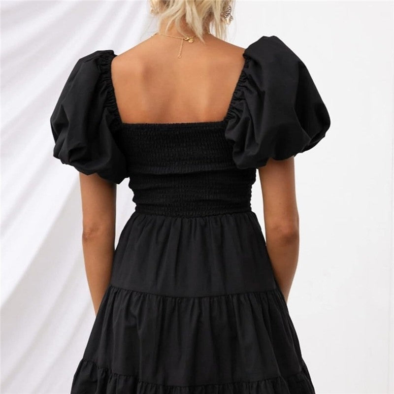 Square Neck Off-Shoulder Bubble Sleeve Dress
