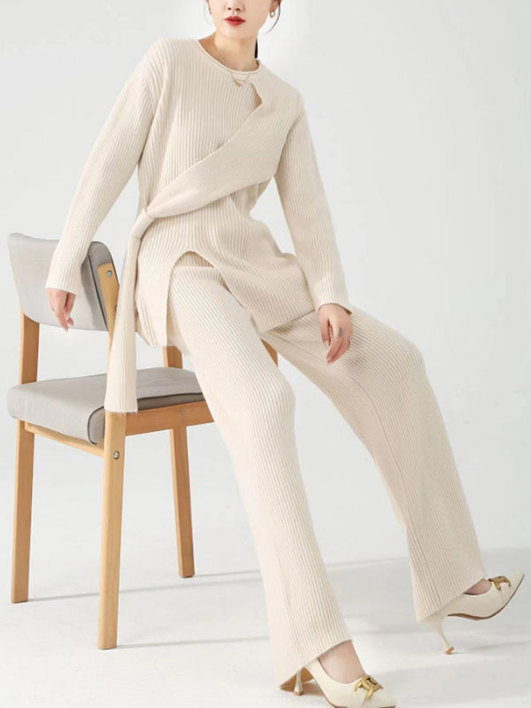 Loose Asymmetric Solid Color Split-Front Round-Neck Long Sleeves Sweater Top   Pants Bottom Two Pieces Set
