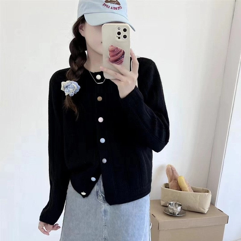 Solid Color Long Sleeve Crewneck Buttoned Cardigan Sweater