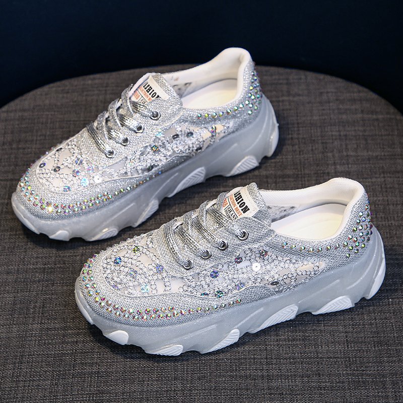 Women's Rhinestone Mesh Dad Sneakers | Chunky Sole Lace-Up Casual Shoes