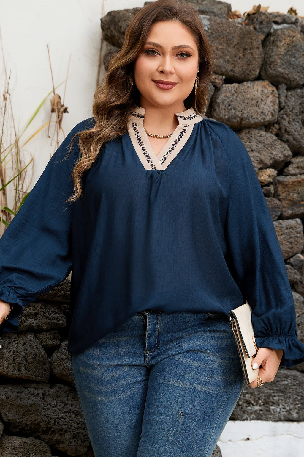 Navy Blue Contrast Leopard Patchwork Collar Plus Size Long Flounce Sleeve Blouse