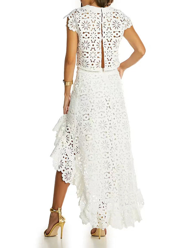 Flower Print Hollow Jacquard Solid Color Round-Neck Vest Top + Ruffle Trim Bodycon High-Low Skirts Bottom Two Pieces Set