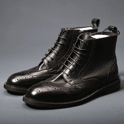 Men's Thick-Soled Leather Boots | Chunky Heel Mid-Calf Lace-Up Boots for Men