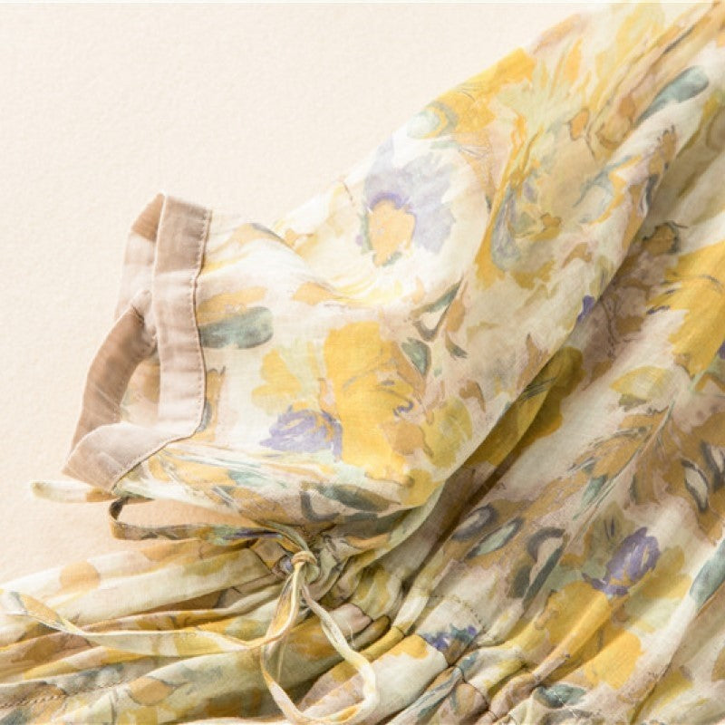 Linen Dress Mid Length Pleated Loose Organ