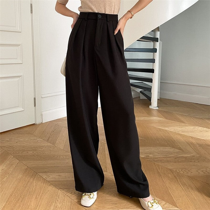 Wide-Leg Floor-Length Suit Trousers in Loose Solid Color