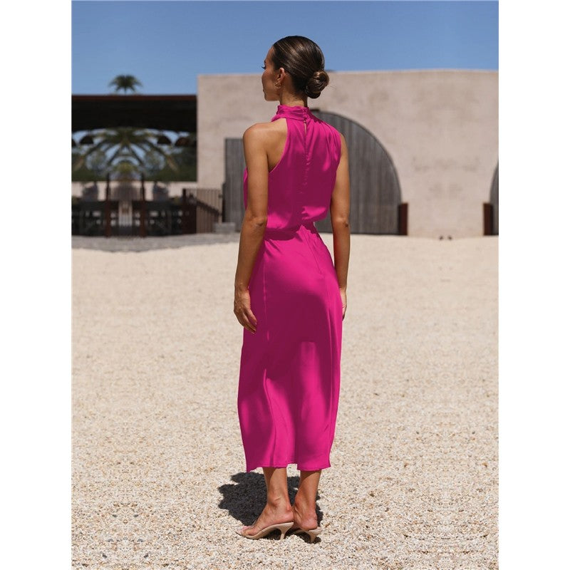 Solid Color Half Turtleneck Sleeveless Satin Dress