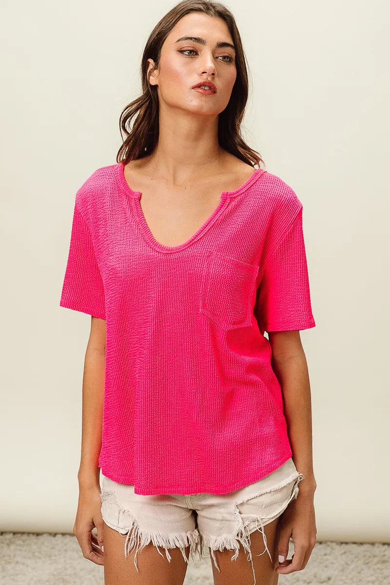 Waved Rib U Neck Top With Front Pocket