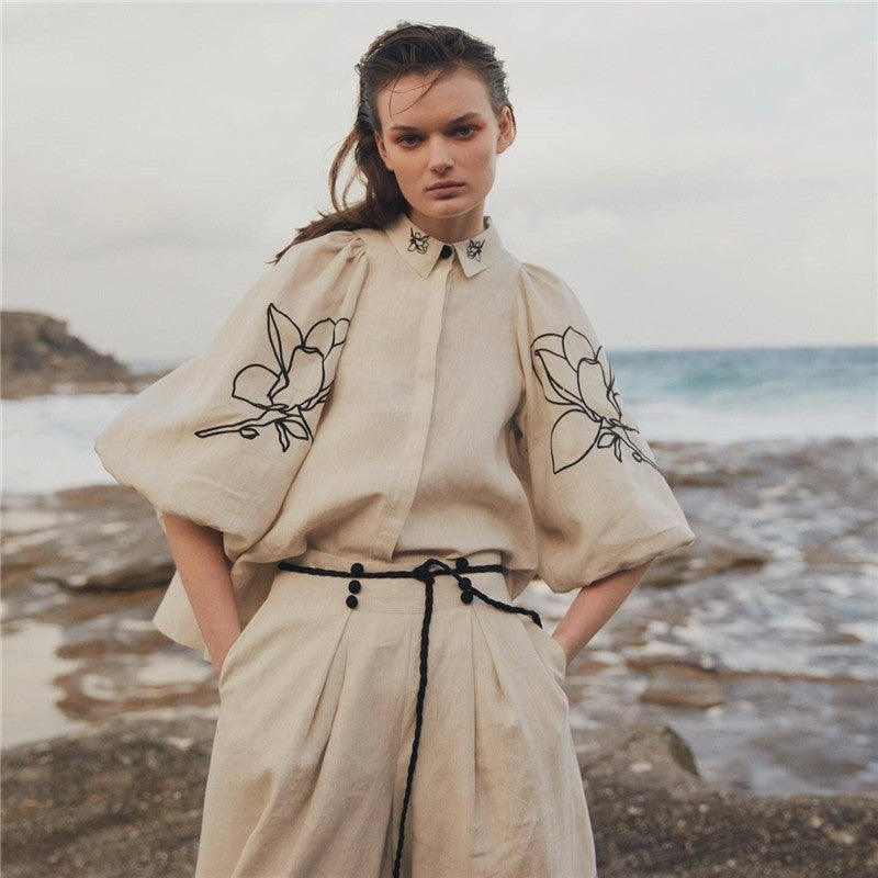 Printed Cotton Linen Wide-Leg Pants Set