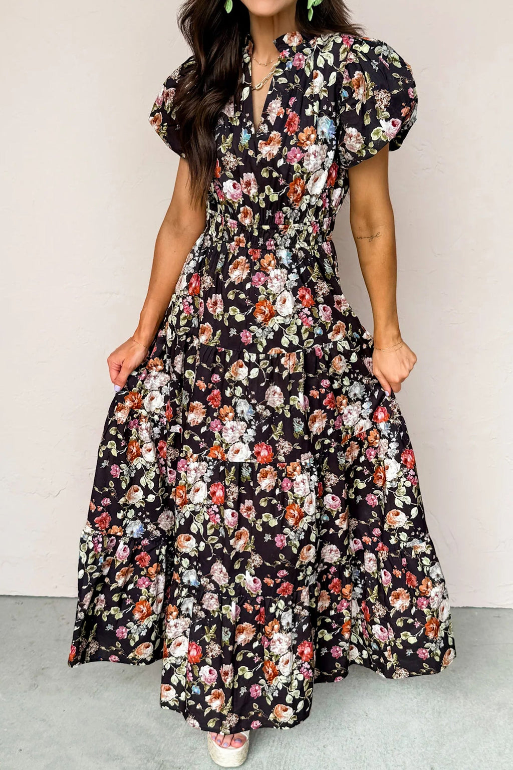 Black Floral Print V Neck Pleated Tiered Maxi Dress