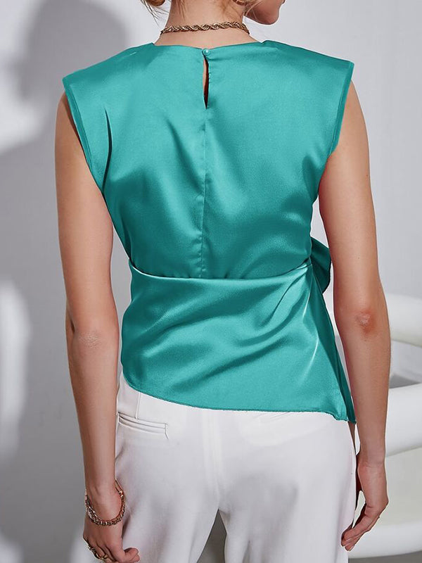 Loose Sleeveless Asymmetric Knot Solid Color Round-neck Vest Top