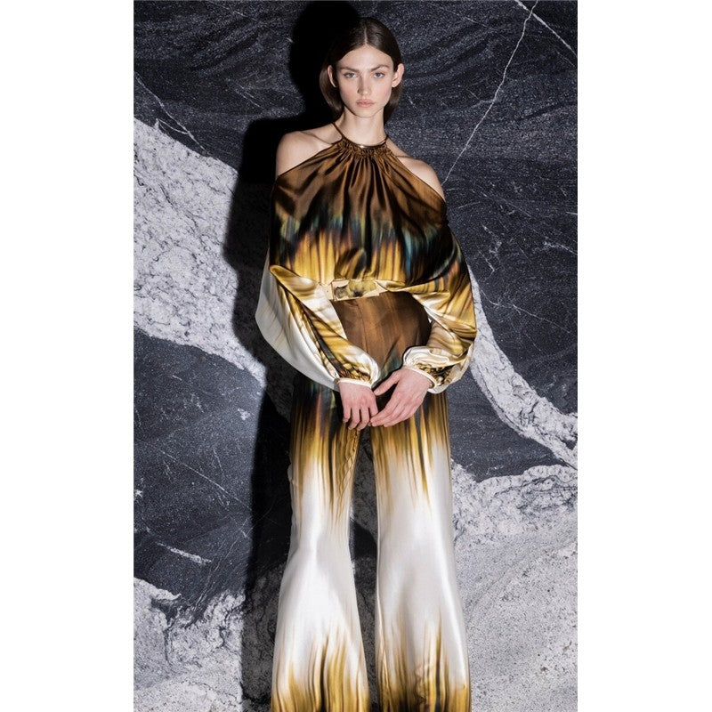 Printing Halterneck Hollow Shoulders Long Sleeve Top And Wide Leg Pants Two Pieces Suits