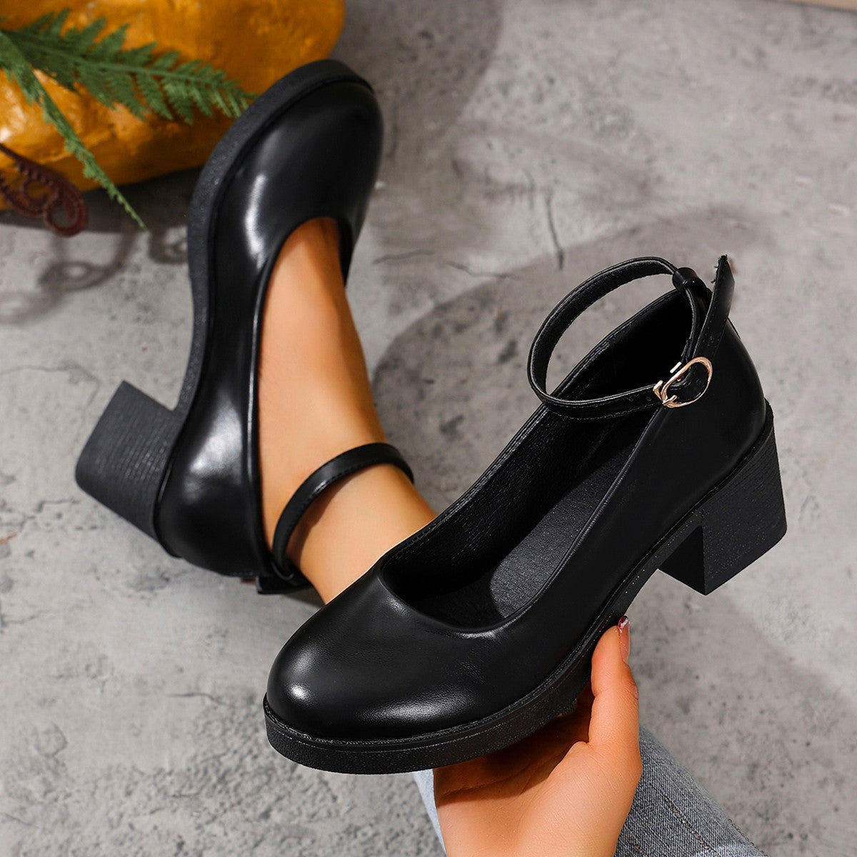 Women's Round Toe Chunky Heel Mary Jane Shoes – Buckle Detail, PU Leather, EU 36–42