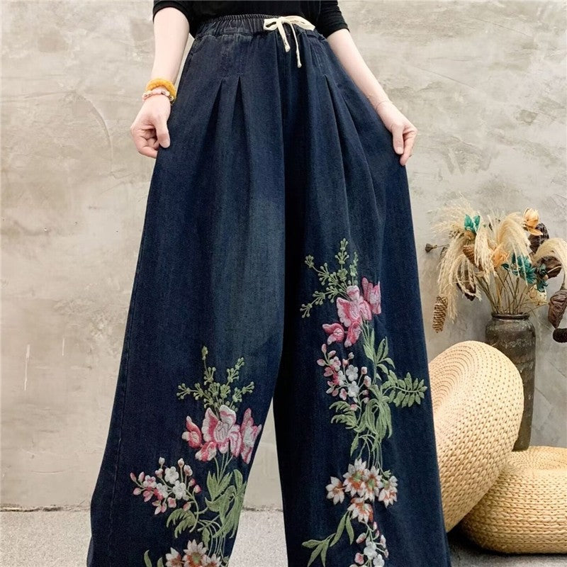 Wide Leg High Waisted Embroidered Tie Waist Pants