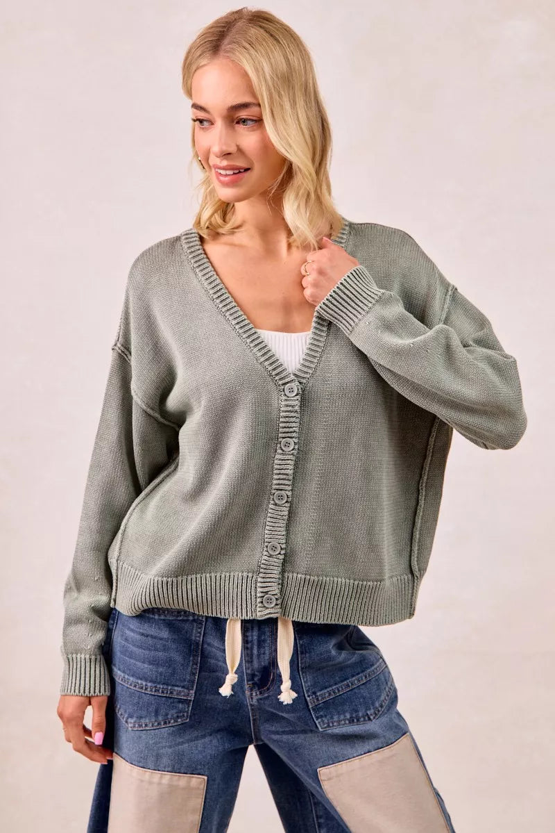 Washed Sweater V Neck Cardigan