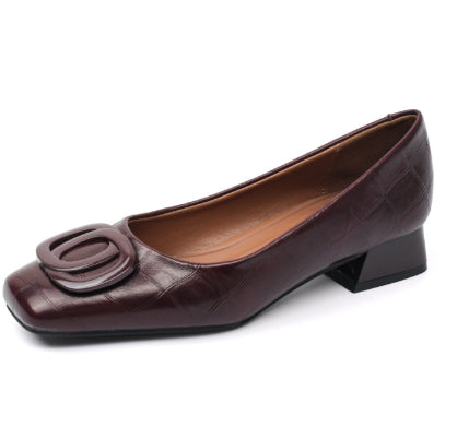 Womens Retro Square-Toe Sheepskin Leather Chunky Heel Pumps | Low Heel Slip-On Dress Shoes