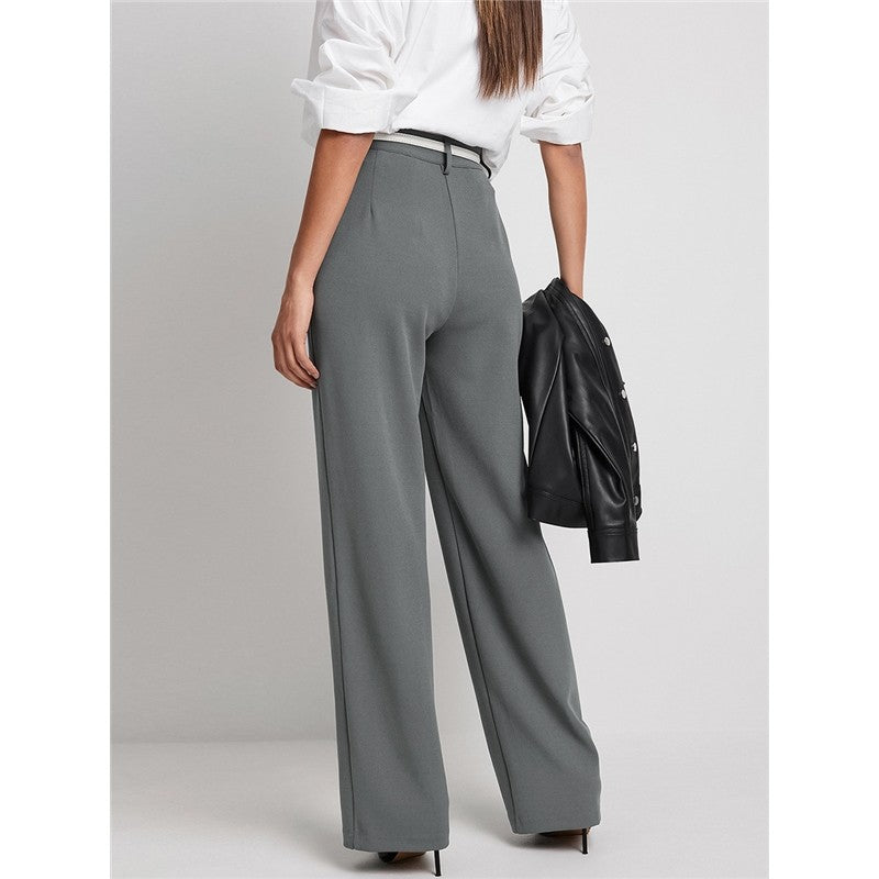 High-Waisted Solid Color Straight Leg Casual Pants