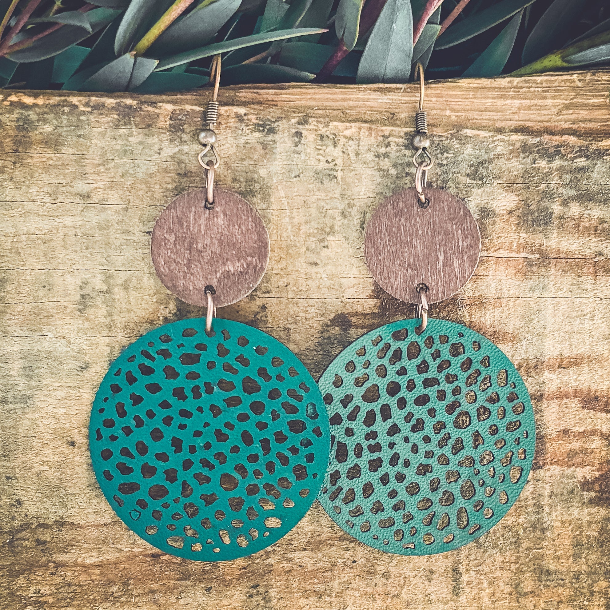 Beautiful Green Leather and Wood Earrings