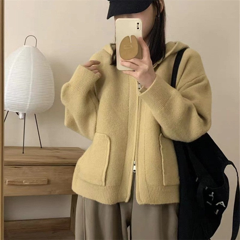 Solid Color Long Sleeve Hooded Zipper Pockets Casual Loose Cardigan Sweater
