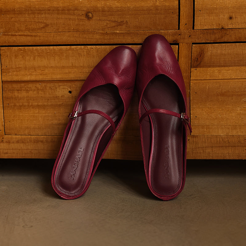 Women's Full Grain Leather Mary Jane Mules | Low Heel Square Toe Slide Sandals