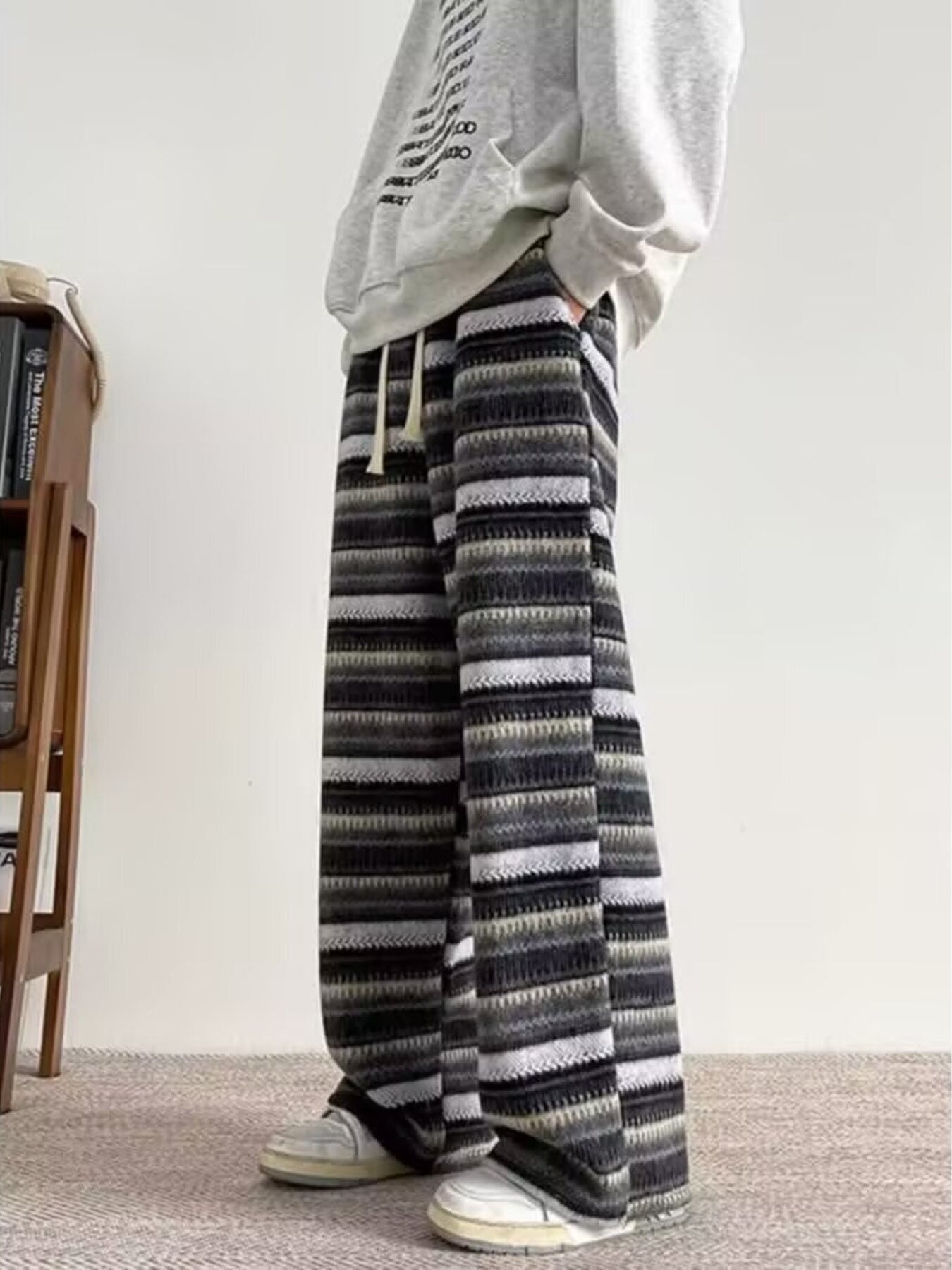 Men's Plus Size Drawstring Striped Wide Leg Pants