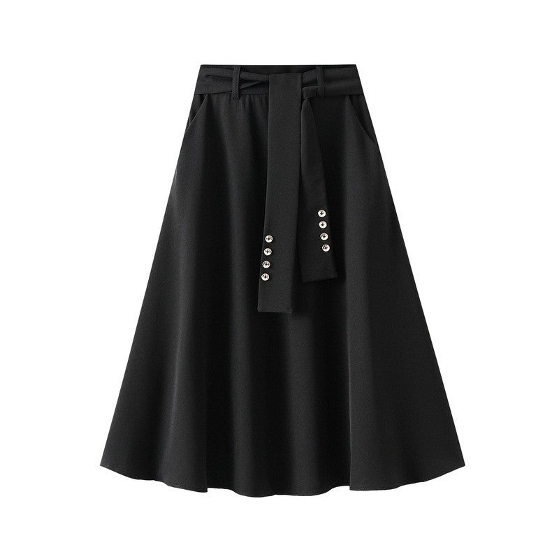 High-Waisted A-Line Skirt with Waist Tie in Solid Color
