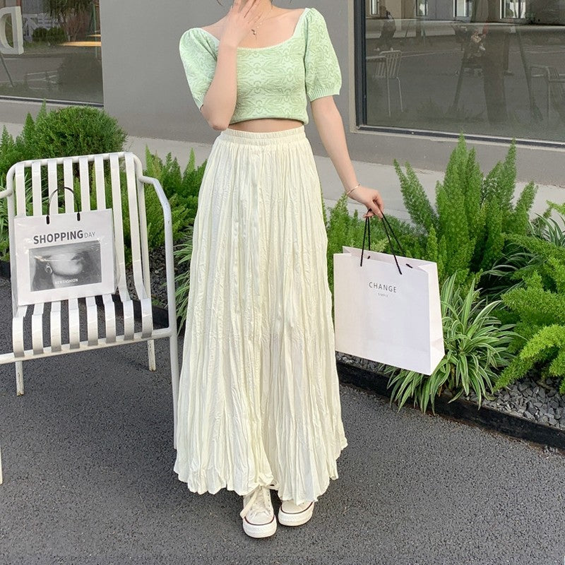 Sure! Here is an optimized title for your clothing product in English:

"Chic Solid Color Elastic Waist Pleated A-Line