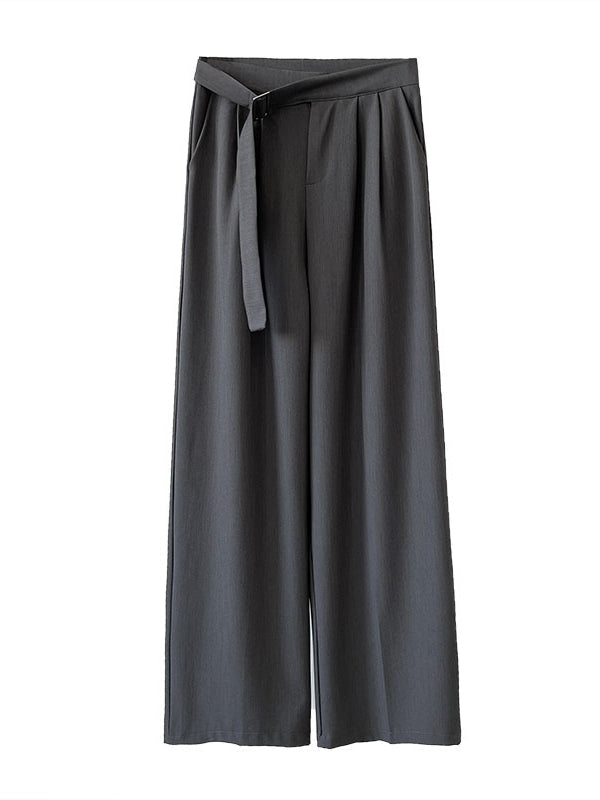 High Waisted Loose Belt Buckle Solid Color Suit Pants Trousers