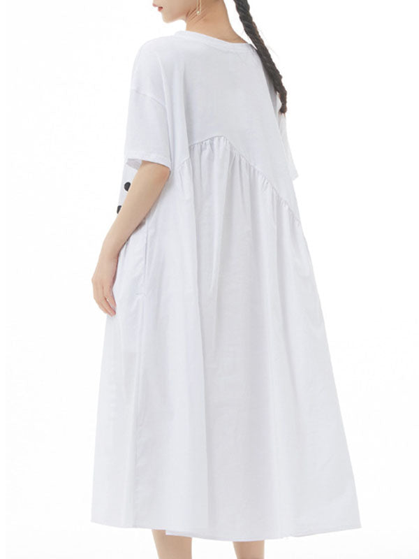 Loose Polka-Dot Split-Joint Striped Round-Neck Midi Dresses