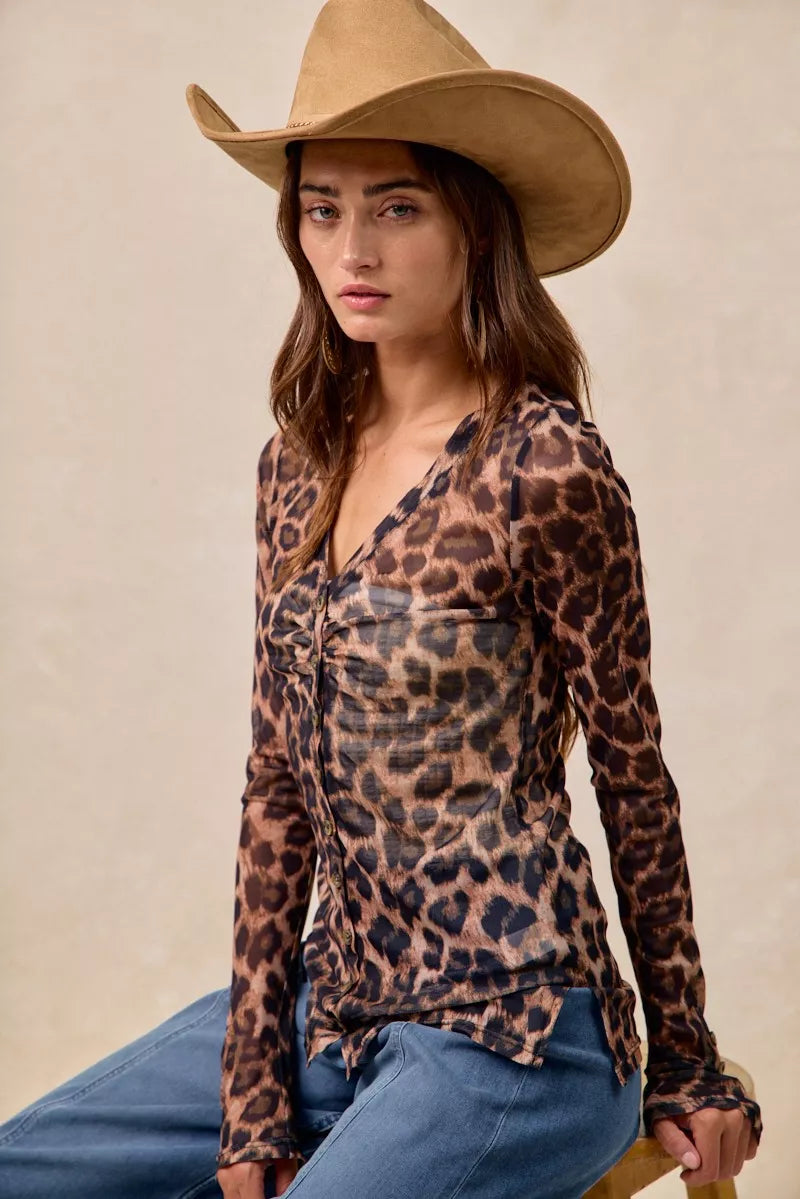 Leopard Printed Mesh Shirt With Button Up V Neck