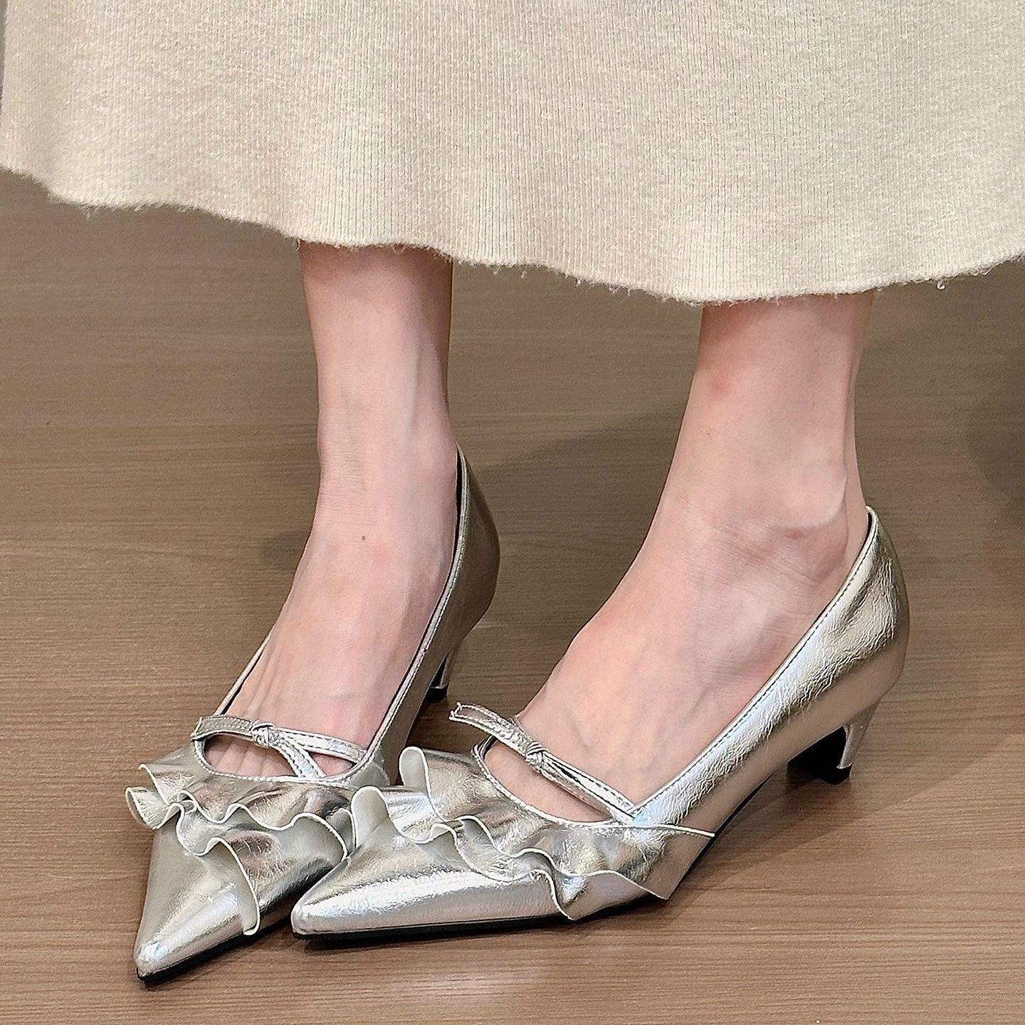 Women's French-Style Stiletto Heels with Ruffled Hem & Bow Tie - Open Toe Low Heel Loafers