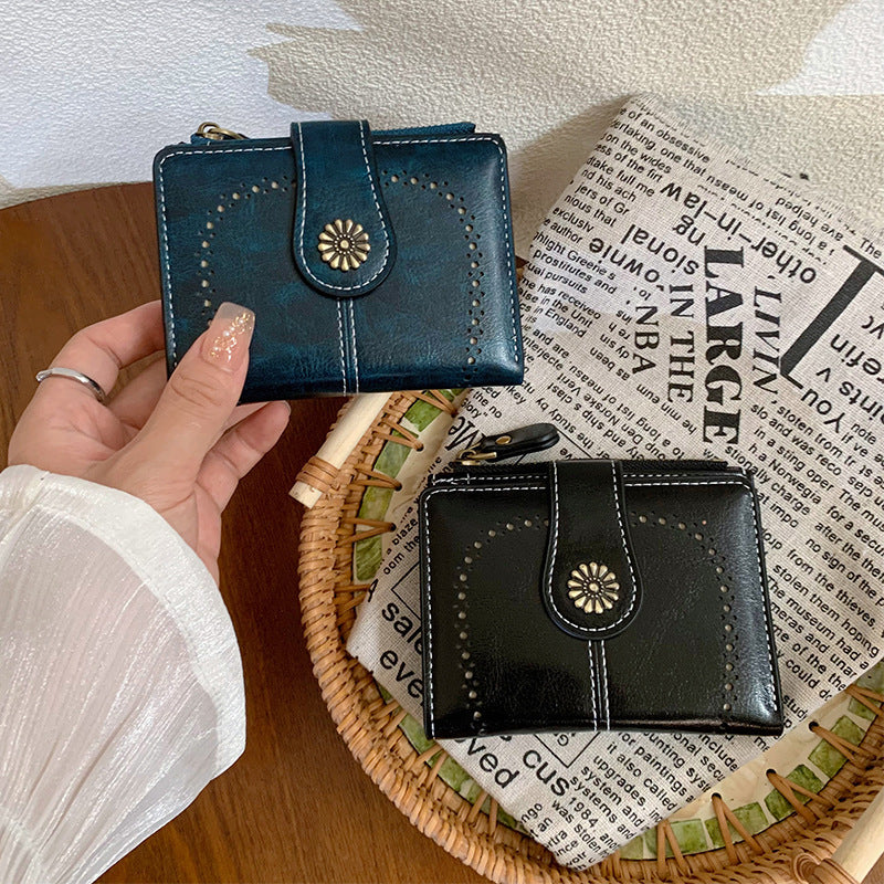 Women's Vintage Oil Leather Wallet - Floral Embossed Short Bifold with RFID Protection