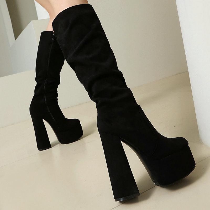 Women's Stretch Suede Waterproof Chunky High Heel Boots | Side Zipper | Sarah Express