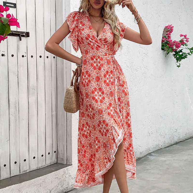 Floral Print Wrap Style V-Neck Dress