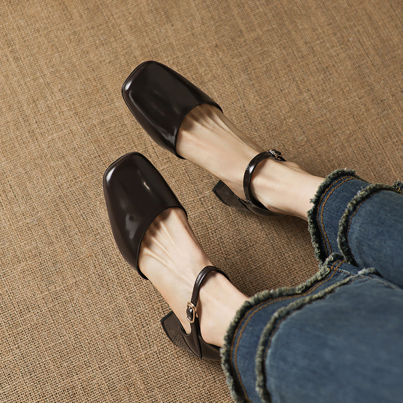 Women's Cutout Mary Jane Block Heel Sandals | Full-Grain Cowhide Square Toe Heels