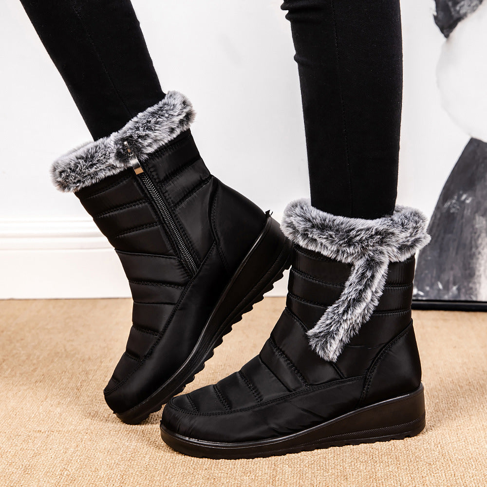 Women's High Top Snow Boots | Faux Rabbit Fur Collar | Chain Detail | Waterproof Warm Winter Boots