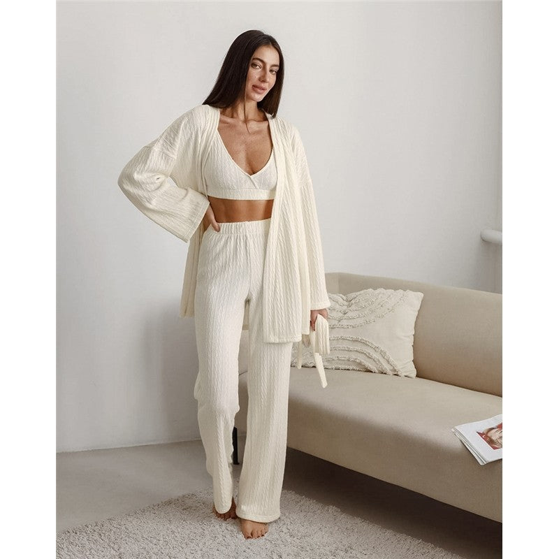 Casual Loose Knitted Solid Color Bralette and Long Sleeve Sweater with Waist Tie, Outerwear, and Pants Three-P