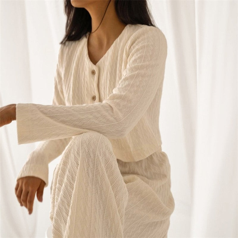 Solid Color Knitted V-Neck Cardigan and Pants Lounge Suit