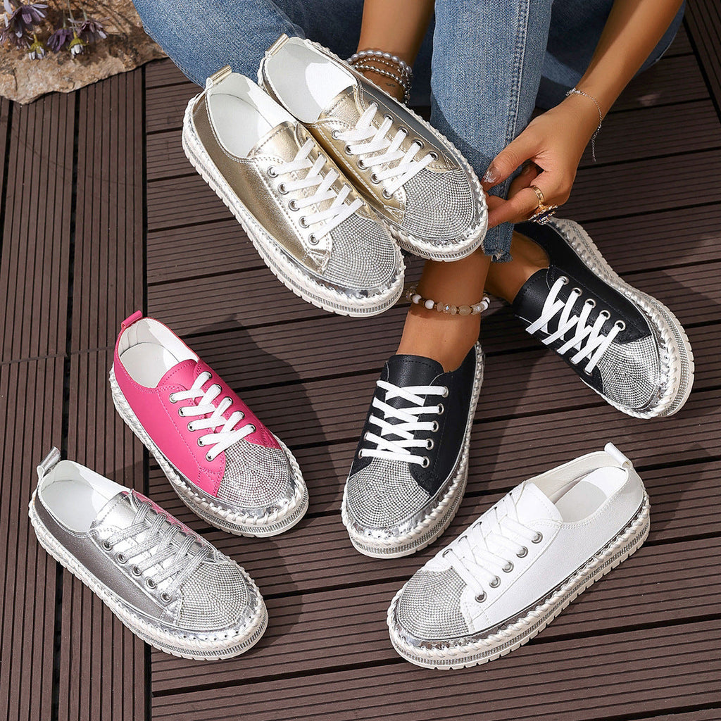 Women's Plus-Size Chunky Sole Sequin Sneakers | Lace-Up Low-Top | Gold Silver Black White